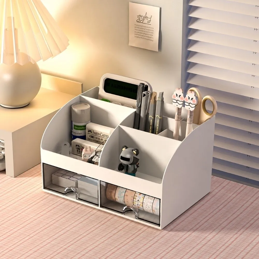 Practical Transparent Drawers Desk Organizer Large Capacity 2 Drawers Pen Holder 6 Compartments Desktop Storage Office