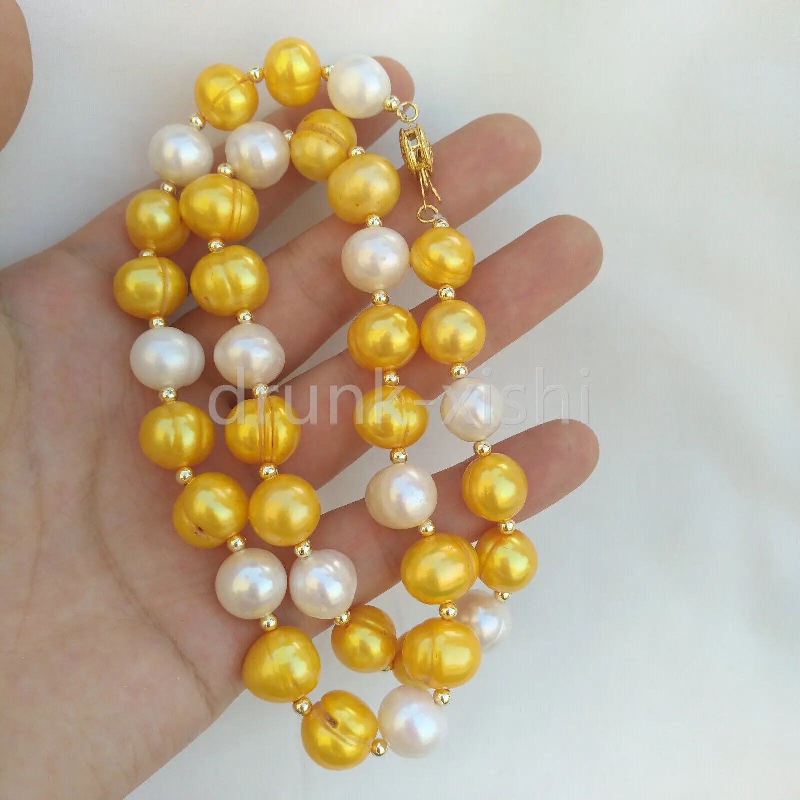 

45cm 18" Natural 10-12mm South Sea Genuine Golden White Oval Baroque Real Pearl Necklace Filled 14k Gold Free Shipping