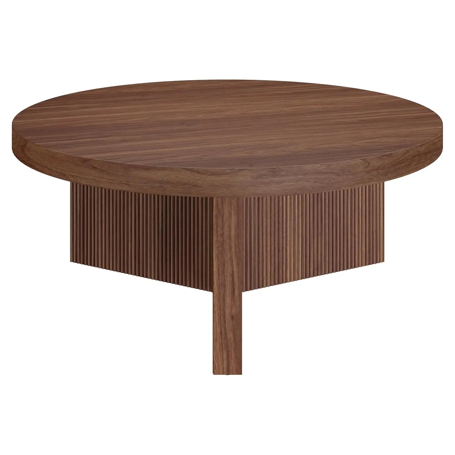 36" Fluted Round Low-Profile Coffee Table With Ribbed Pedestal Base Living Room, Family Room, Or Office, Satin Walnut