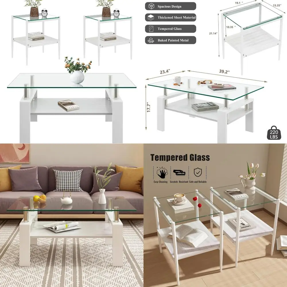 White Contemporary Glass Coffee and End Table Set, 3-Piece Living Room Furniture with Wooden MDF Layer, 39 Rectangular Clear Gla