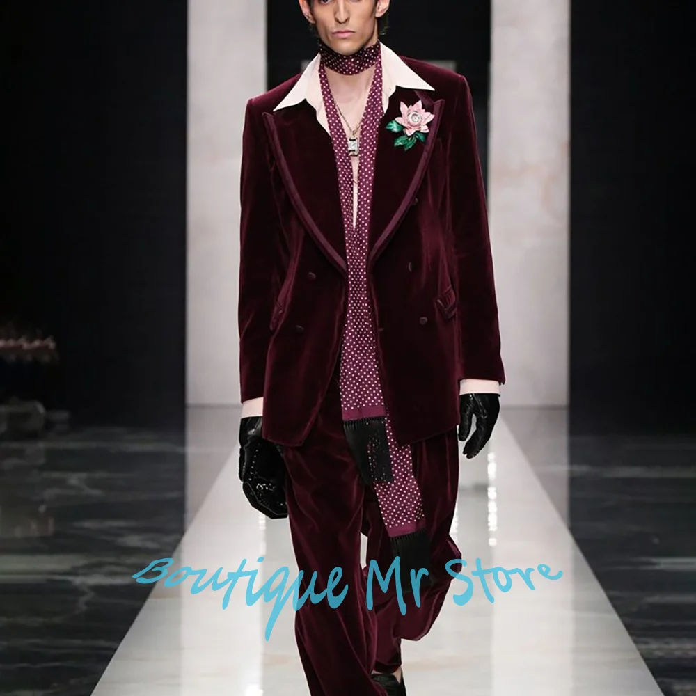 

Burgundy Velvet Men's Suits Double Breasted Jacket Pants 2 Piece Set Luxury Wedding Prom Tuxedo Formal Evening Party Wear