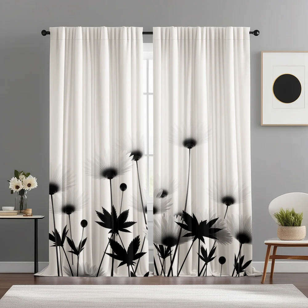 Black & White Dandelion Silhouette Curtains Set of 2 – Minimalist Botanical Print, Rod Pocket Semi-Sheer Drapes
