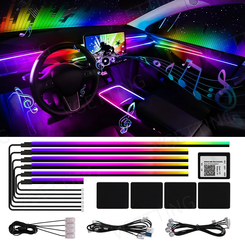 

Многофункциональный музыкальный стример 18-в-1 с атмосферной подсветкой для салона автомобиля, двухзонная RGB 64-цветная неоновая светодиодная акриловая лента, декоративная лампа для создания атмосферы в авто