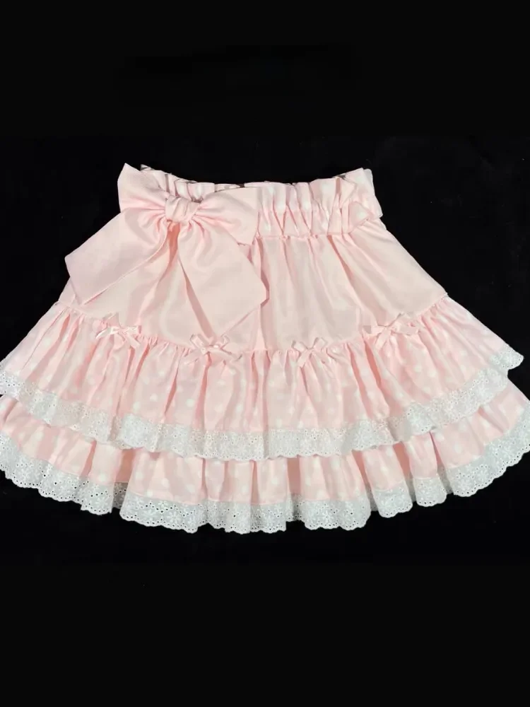 Jupes plissées Lolita japonaises Kawaii pour femmes, patchs en dentelle douce, jupe gâteau à volants, nœud mignon, été, 2024