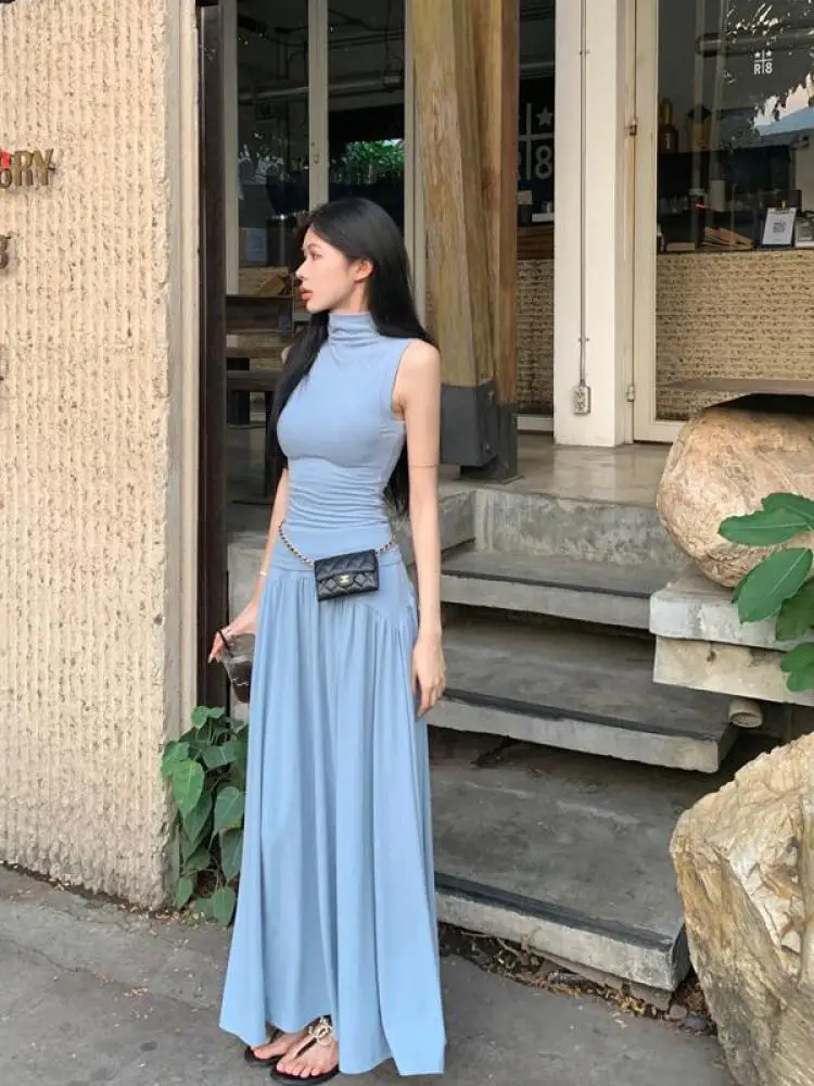 

Korean Summer Woman Black Blue Elegant Sleeveless High Neck Tops And High Waist Pleated Half Long Skirt Two Piece Set Simplicity