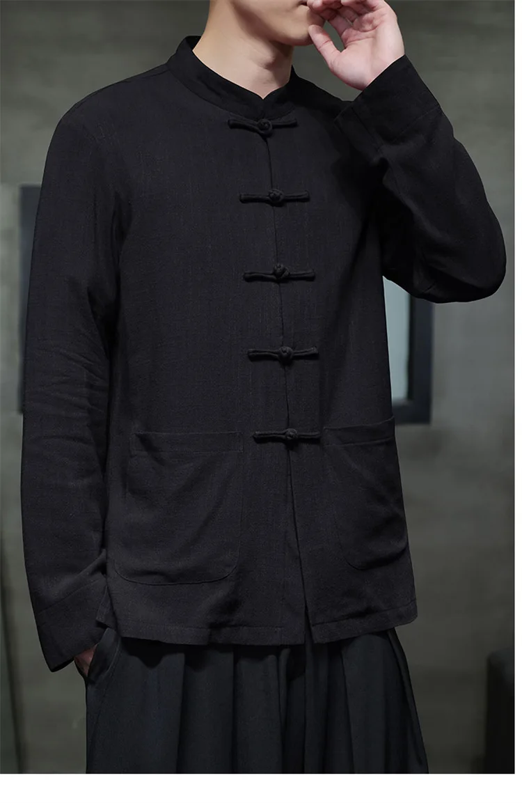 Nova camisa masculina de linho estilo chinês com gola retrô, casual e leve, de manga comprida, com estilo de rua asiático.