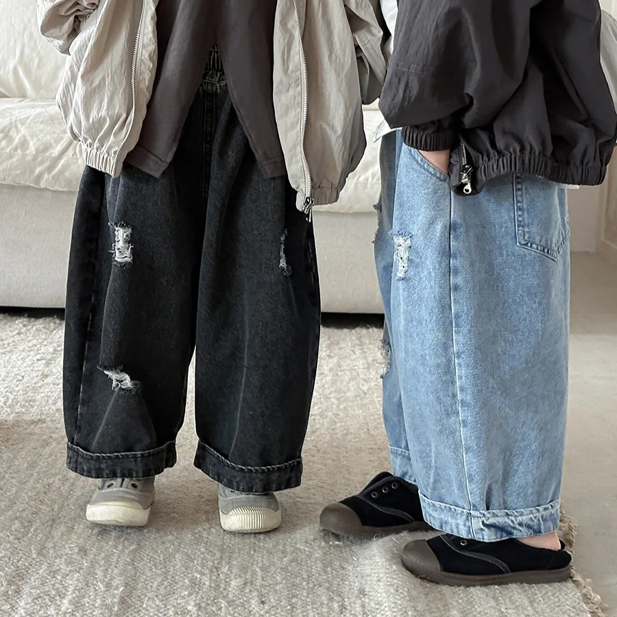 

Kids Straight Pants 1-9 Years Autumn Trendy Style Boys Ripped Jeans Korean Loose Childrens Trousers Girls Denim Wide Leg Pants