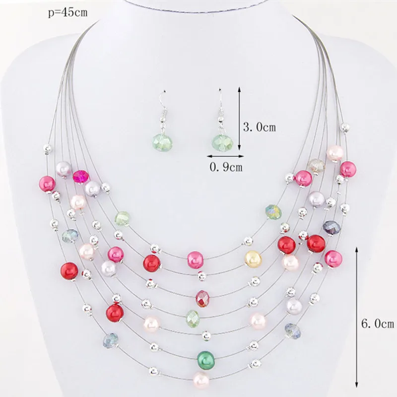 Kymyad Multilayer Necklace Earrings for Women Bohemia Style Simulated Pearl Crystal Ladies Jewelry Necklaces and Earring Set