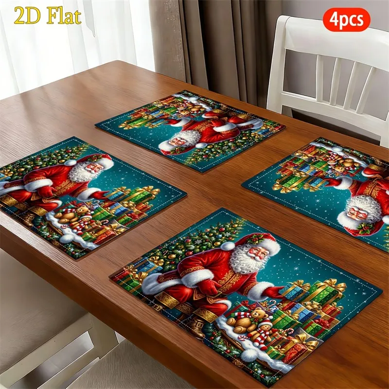 VIKAMA Christmas Linen Placemats, Teal Night Santa Gift Teddy, Heat Resistant Durable, Holiday Dinner