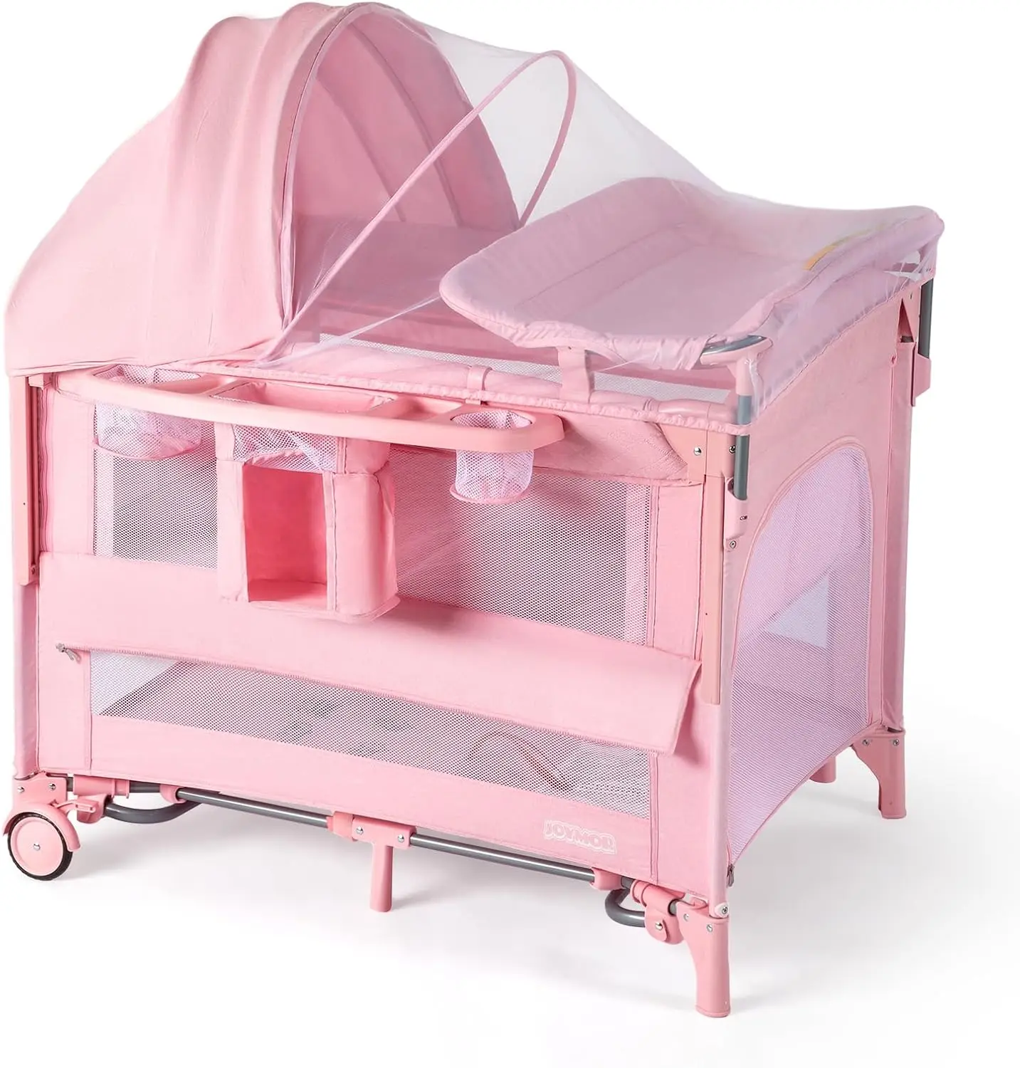 

9-in-1 Convertible Baby Bassinet with Changing Table, Music Center, Mosquito Net & Storage in Pink