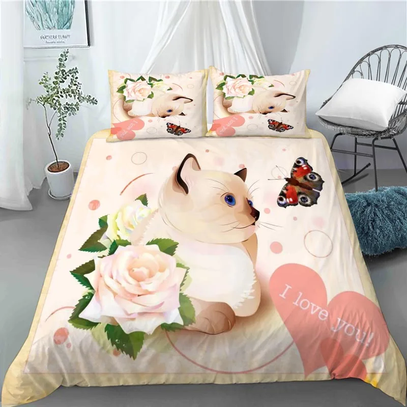 3D Cute Watercolor Cat Duvet Cover Set Lovely Animal Quilt Cover with Pillowcase Queen King Size for Kids Adults Bed Decor Gifts