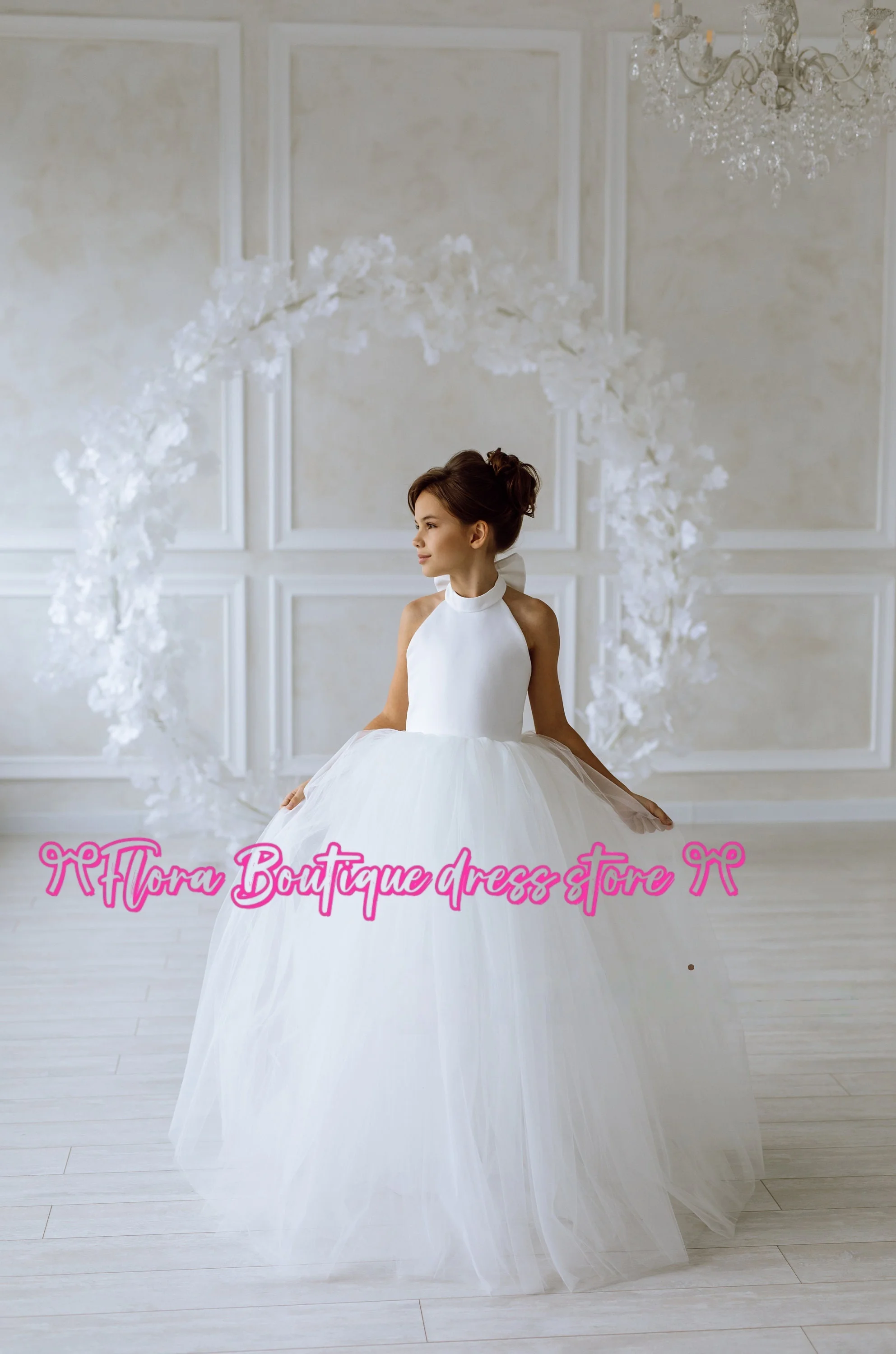 플라워 걸 드레스 아이보리 튤 주니어 플라워 드레스 파티 드레스 볼 가운 드레스 리본 장식 생일 드레스 결혼식 의식