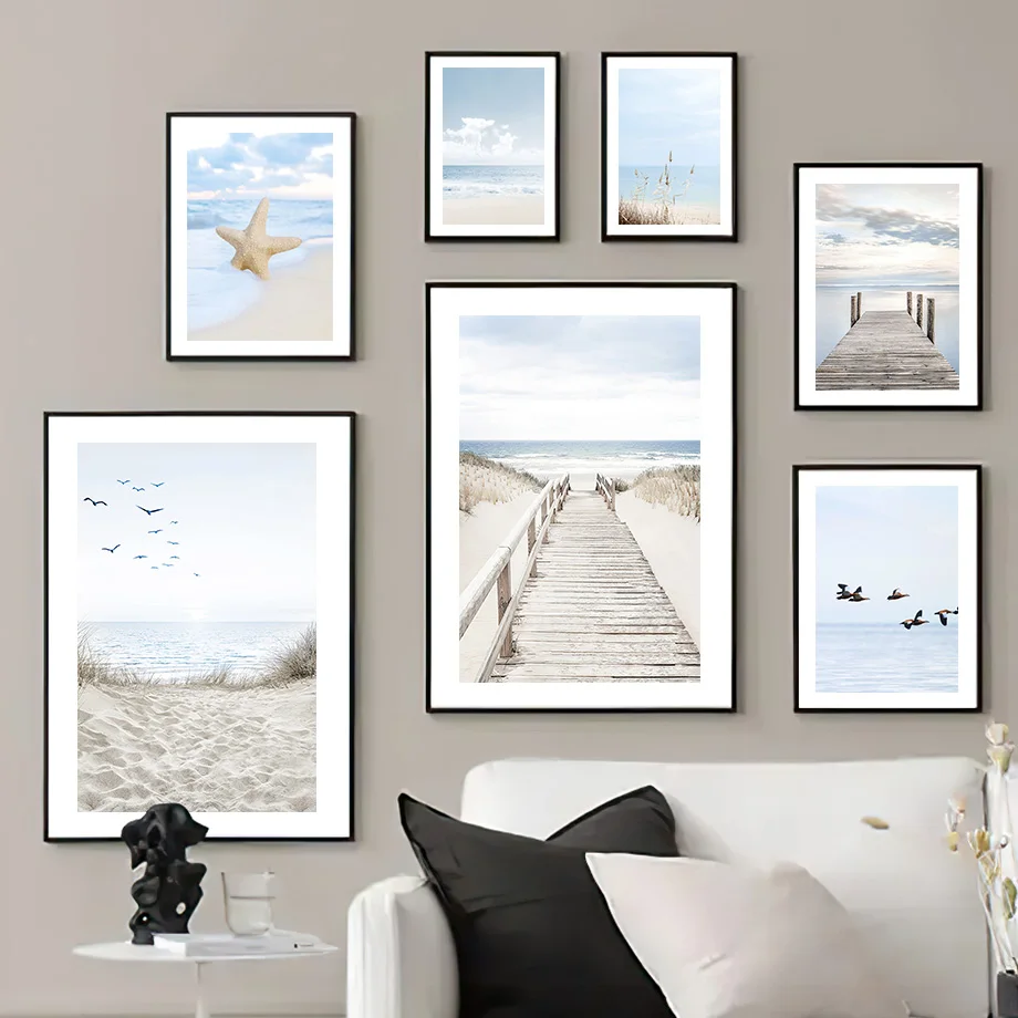 Sea Beach Grass Birds Ship Bridge Wall Art blue sky Seagull Canvas Painting Posters And Prints Wall Pictures Living Room Decor