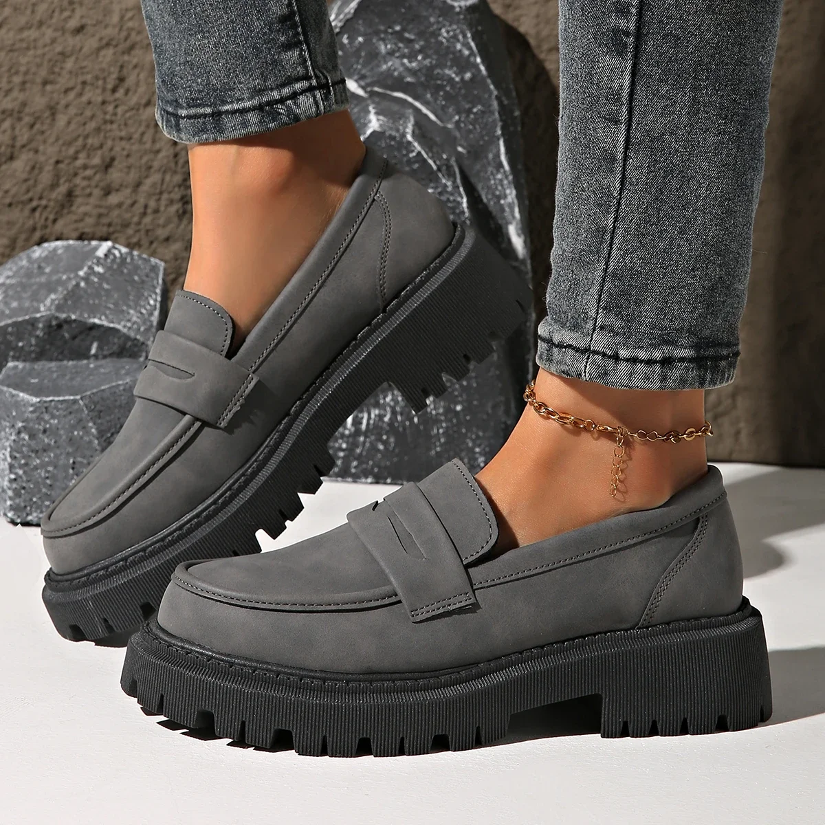 

Rimocy/женские однотонные лоферы на платформе, удобные прогулочные туфли без шнуровки, женские модные модельные туфли больших размеров в консервативном стиле