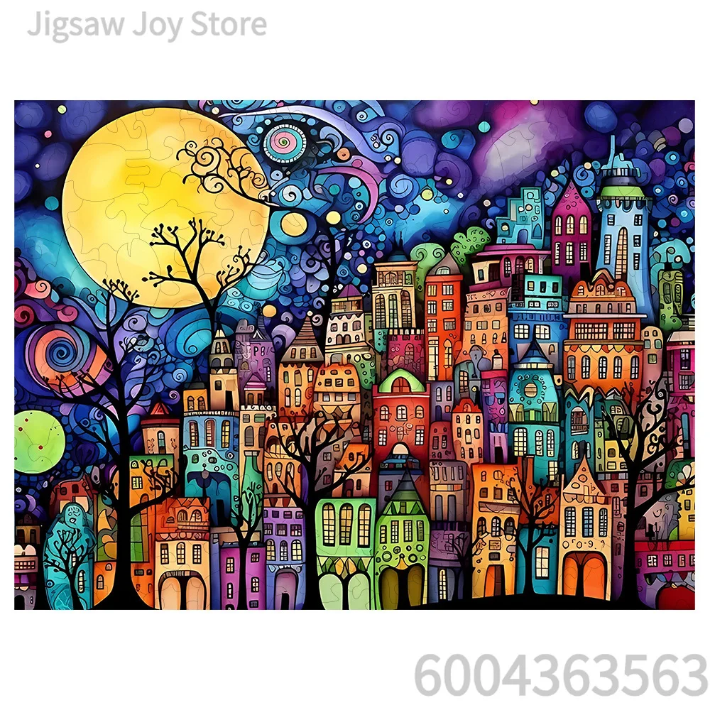 Gothic Fantasy Paper Jigsaw Puzzle, Witch Crow Sugar Skull Colorful Town Cute Black Cats, 500-2000P Adult Art Puzzle Gift