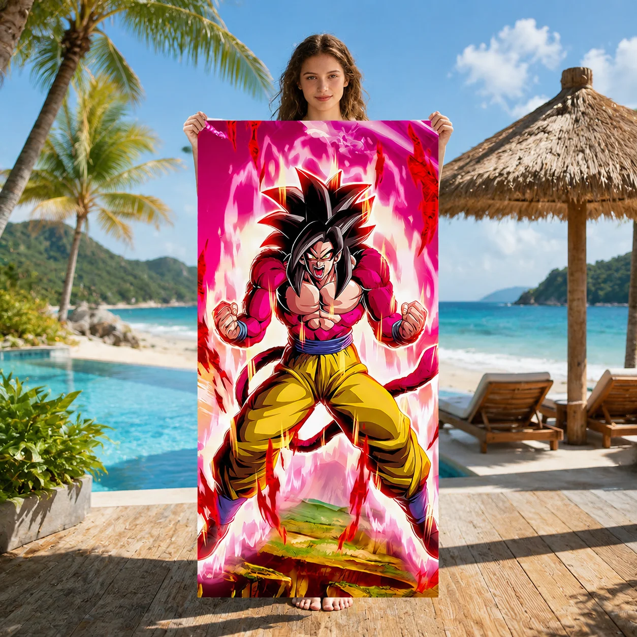 

Dragon Ball GT Goku Super Saiyan 4 Beach Towel, Pink Fire Background Quick Dry Polyester Swimming Bath Towel
