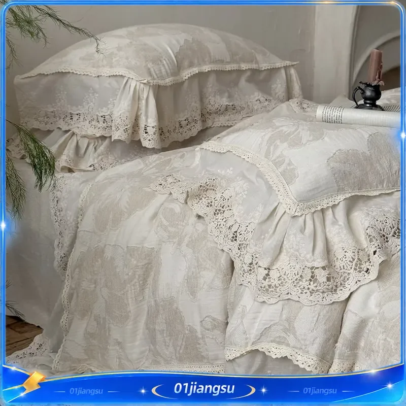 French Hollow Lace Bedding Set Cotton Linen Blend Jacquard Duvet Cover Flat Fitted Sheet Pillowcases 20 Percent Linen 80