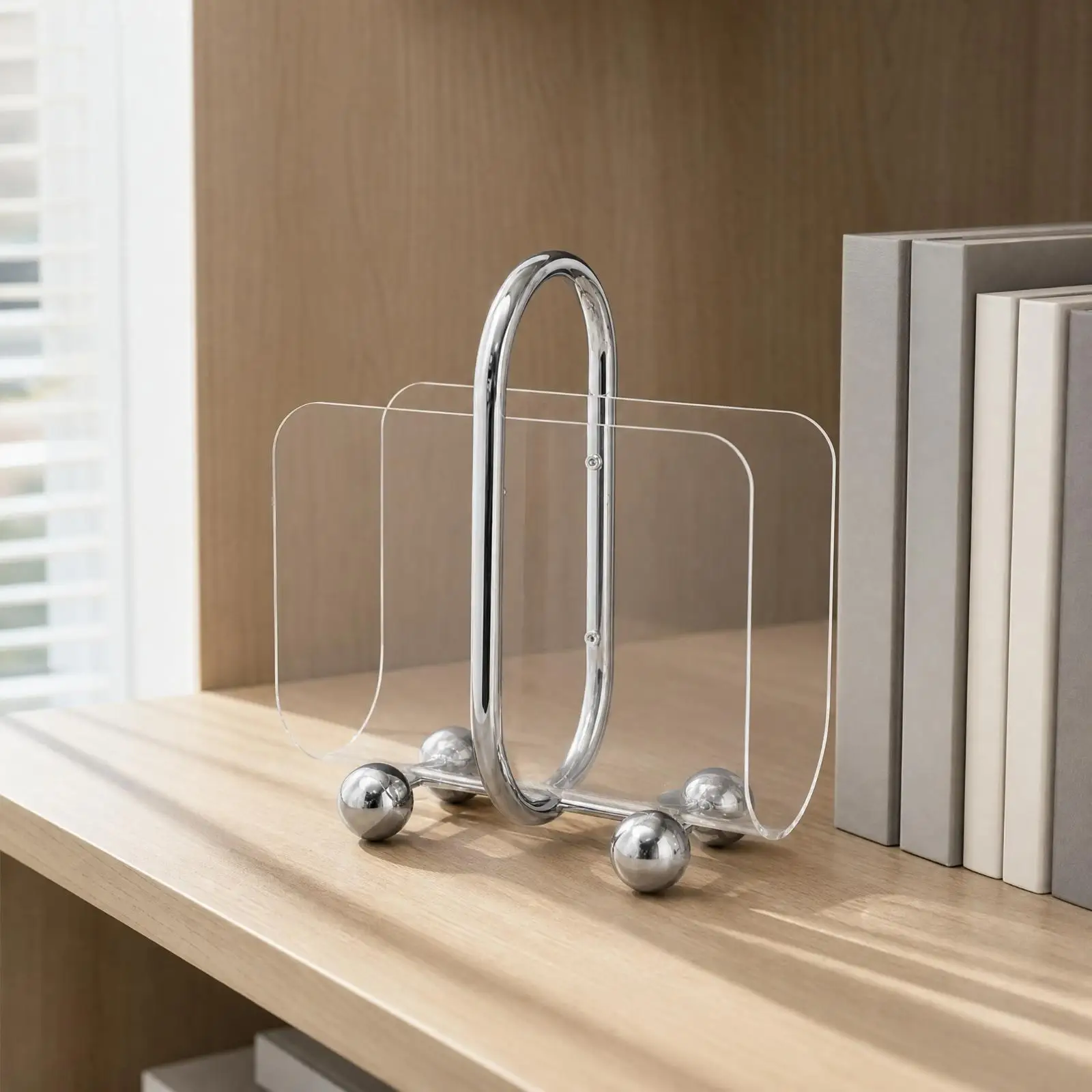 Clear Acrylic Book Shelf Storage Organizer Freestanding Book Rack with Metal Feet for Living Room Study Office Paper Holder