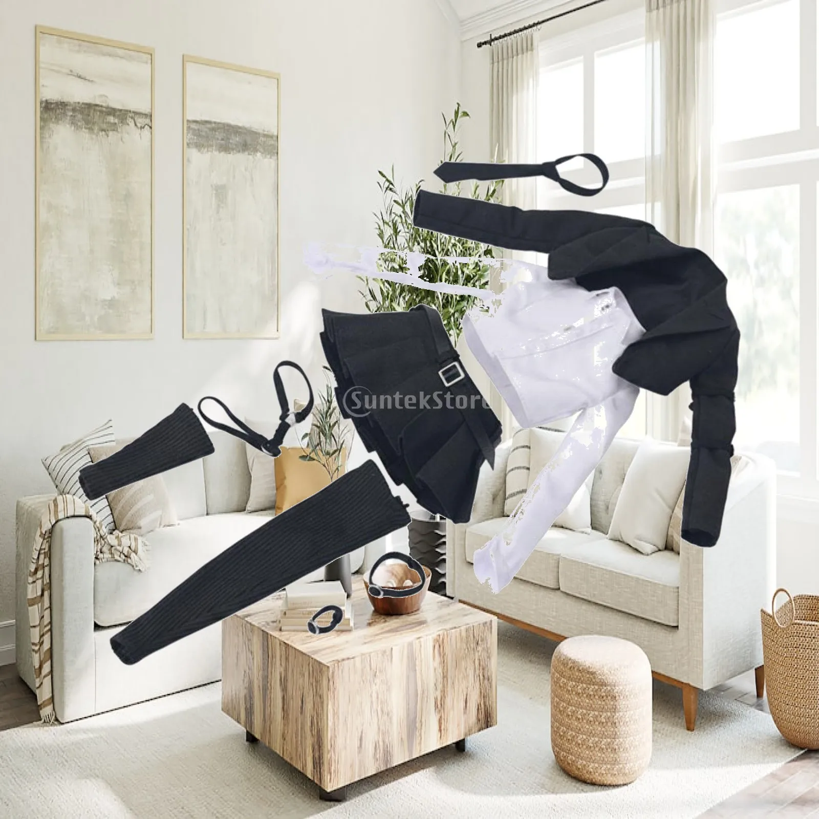 1/6 Scale Doll Outfit Women Mini Skirt Suit Set with Jacket Tie and Pleated Skirt for Display Case Custom Scene Styling