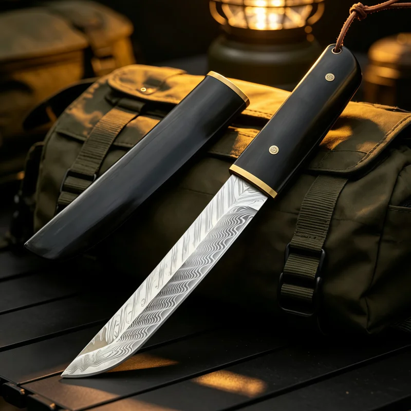 Damascus Pattern Fixed Blade Collectible Knife, Natural Wood Handle Hand Craft Tool with Wood Sheath, Gift Box Package for Colle