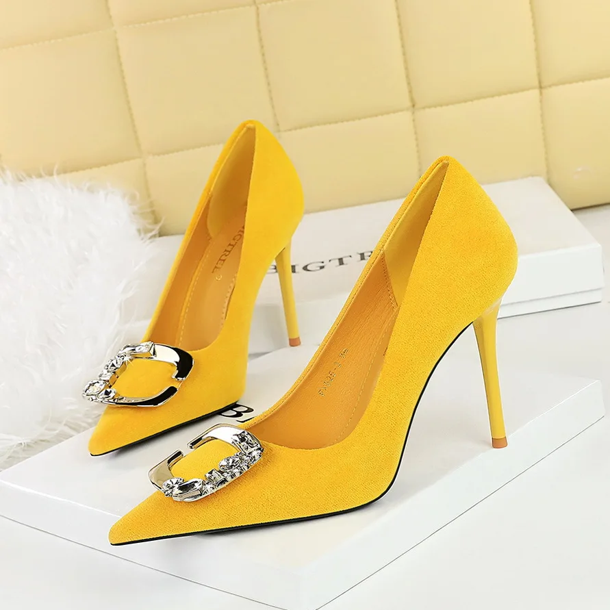 

BIGTREE 2024 Women Ladies Pumps Drilled Buckle Flock High Heels Professional Office Dress Shoe Stiletto Heels 9.5cm Yellow Green