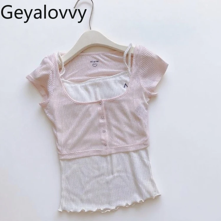 

Japanese Style Summer New Sweet Cute Girls Versatile Elastic Tie Strap Camisole Low Neck Short Sleeve Solid Color Cardigan