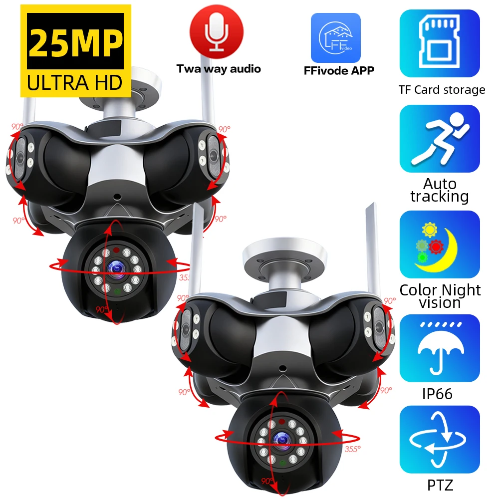 Caméra de sécurité panoramique PTZ sans fil 4K 25MP avec suivi automatique, 5 objectifs, 5 écrans, étanche pour extérieur, vision nocturne couleur, système de vidéosurveillance, audio bidirectionnel, caméra IP