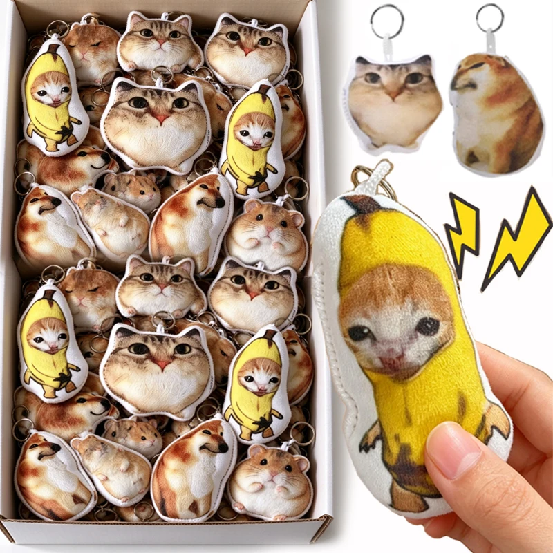 Funny Squeeze Cartoon Cat Dog Voice Keychain Soft Plush Charm with Sound Squeeze Bag Pendant Charm Cute Meowl Fidget Keyrings