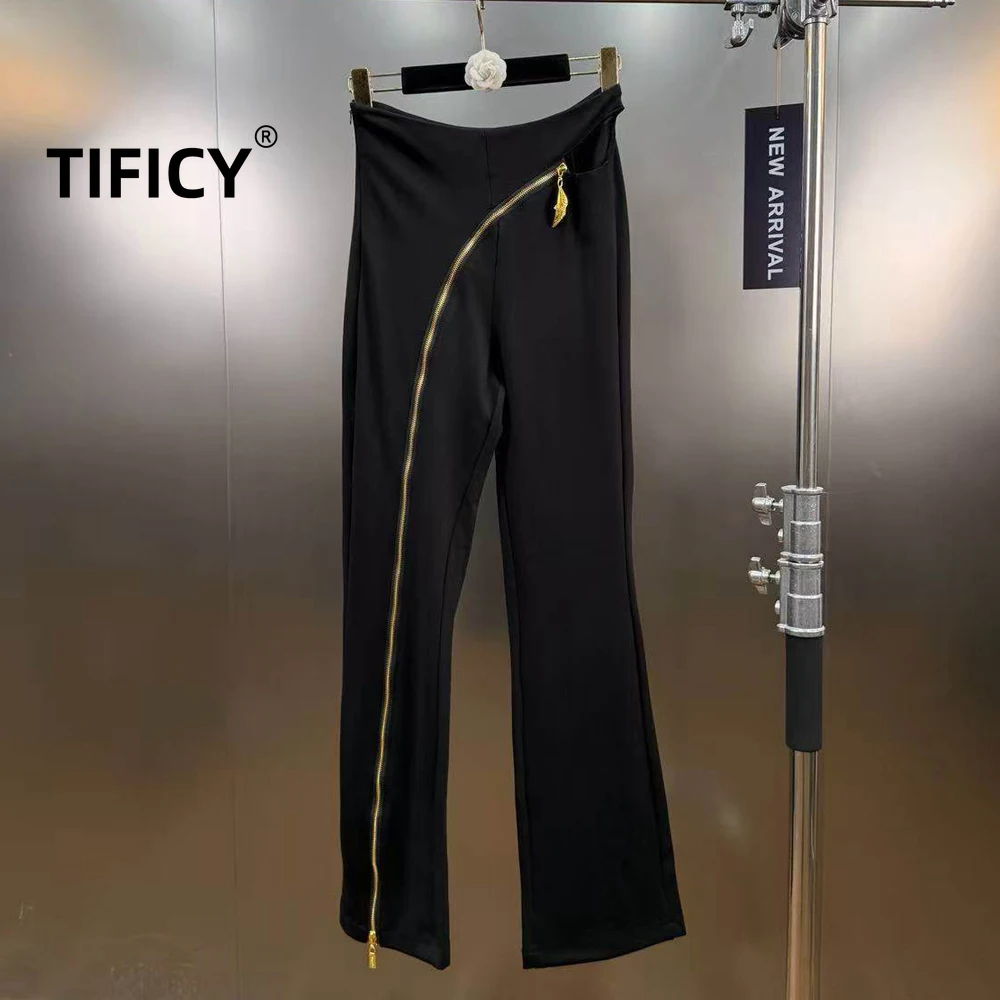 

Черные брюки High Street, женские весенние брюки с пряжкой в виде листьев, диагональная молния, элегантные модные утягивающие брюки во французском стиле