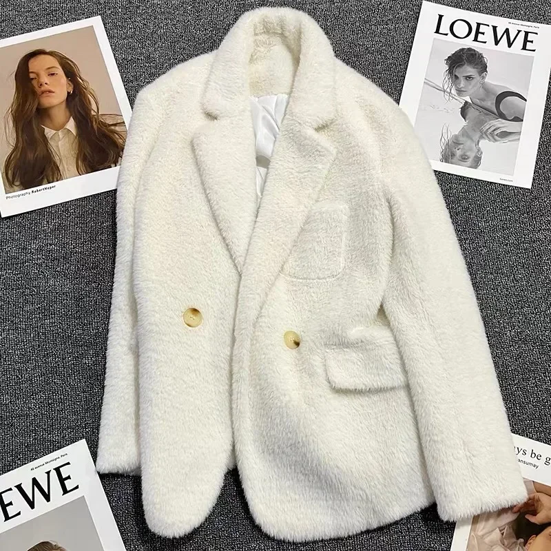 Costume Blazer Blanc en Poil d'Agneau pour Femme, Tenue de Bureau Formelle, de Travail, à la Mode, Manteau, Veste, Robe de Bal, 1 Pièce