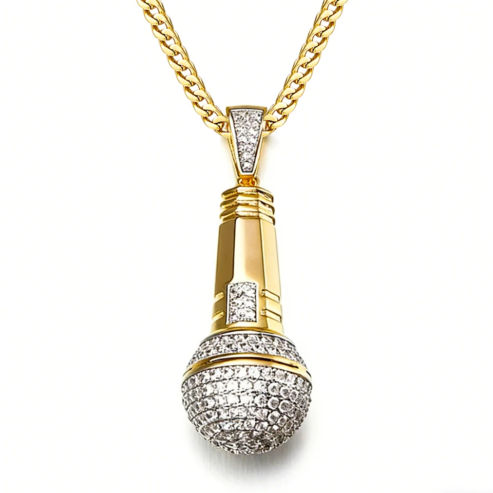 VANAXIN Statement Party Punk Necklace Iced Out Cubic Zirconia Microphone Pendants for Women Men Hip Hop Rock Jewelry