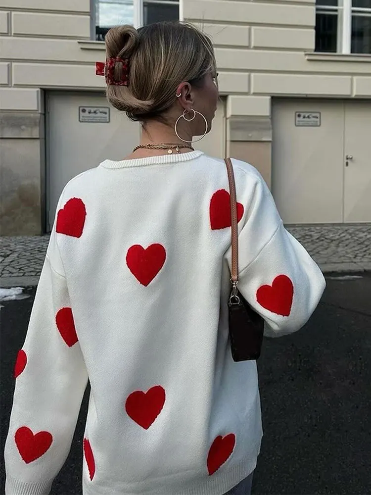 Love Heart Printed Knitted Sweater Pullover Tops Fashion O Neck Thickened Long-sleeved Sweaters Women Oversized Street Jumper