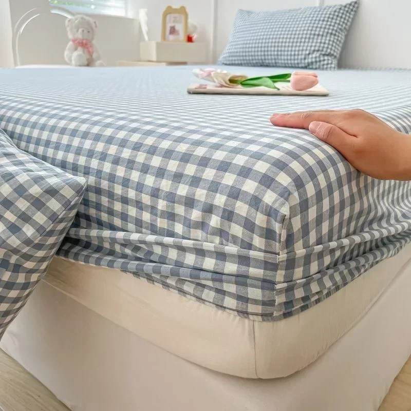 Washed Cotton Fitted Sheet Non Slip Fitted Sheet Elastic Band Around Mattress Cover Bed Cover and Pillowcase