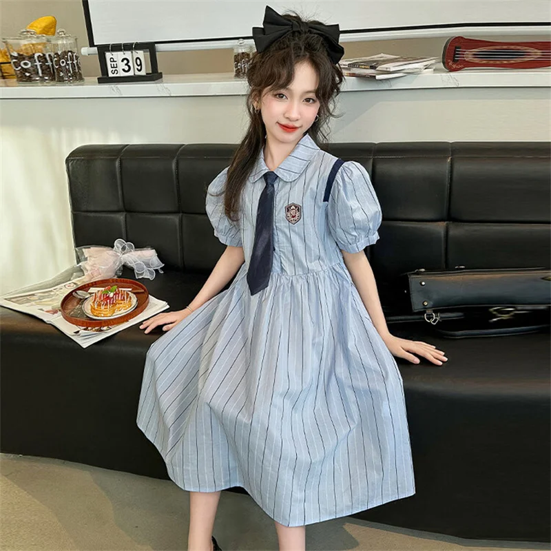 Girls Summer Dress 2024 New CuHK Kids preppy Princess Dress 6-12 years old 15 year old girls short sleeve