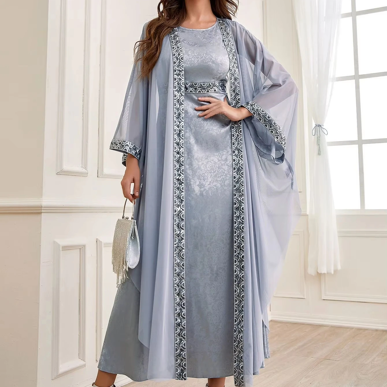 Nova chegada oem vestidos modestos o-pescoço manga longa mulheres muçulmanas terno bordado dubai abaya vestido de oração muçulmano 2 peça conjunto