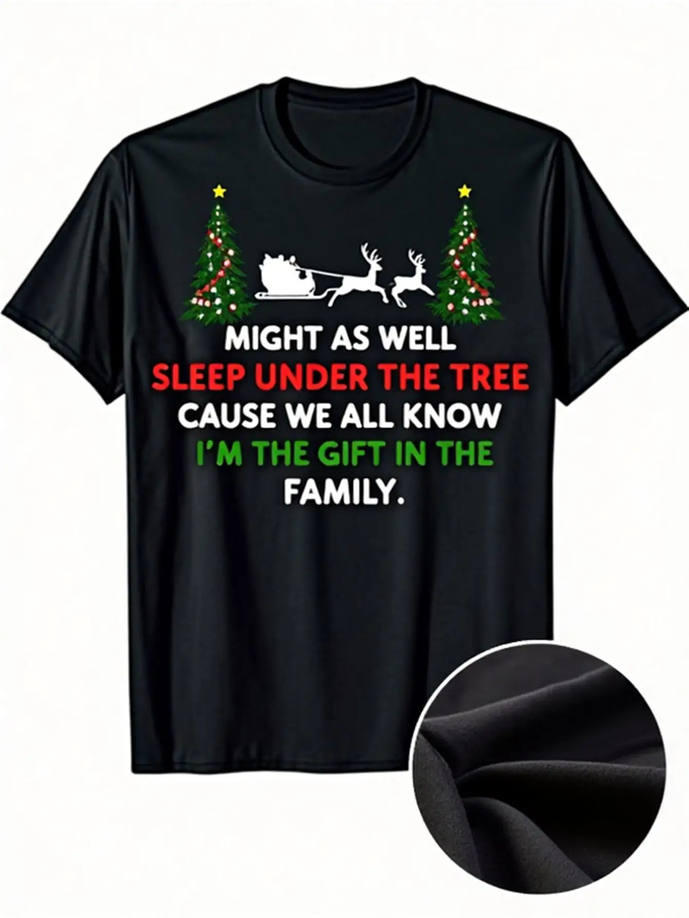 

Men's Christmas Tree and Sleigh Pattern T-Shirt with Funny Holiday Sayings, Black with Red and Green Decorations, Soft and Breathable Cotton T-Shirt Suitable for Christmas Parties, Family Gatherings, Casual Wear All Year Round, Christmas T-Shirt Party Out