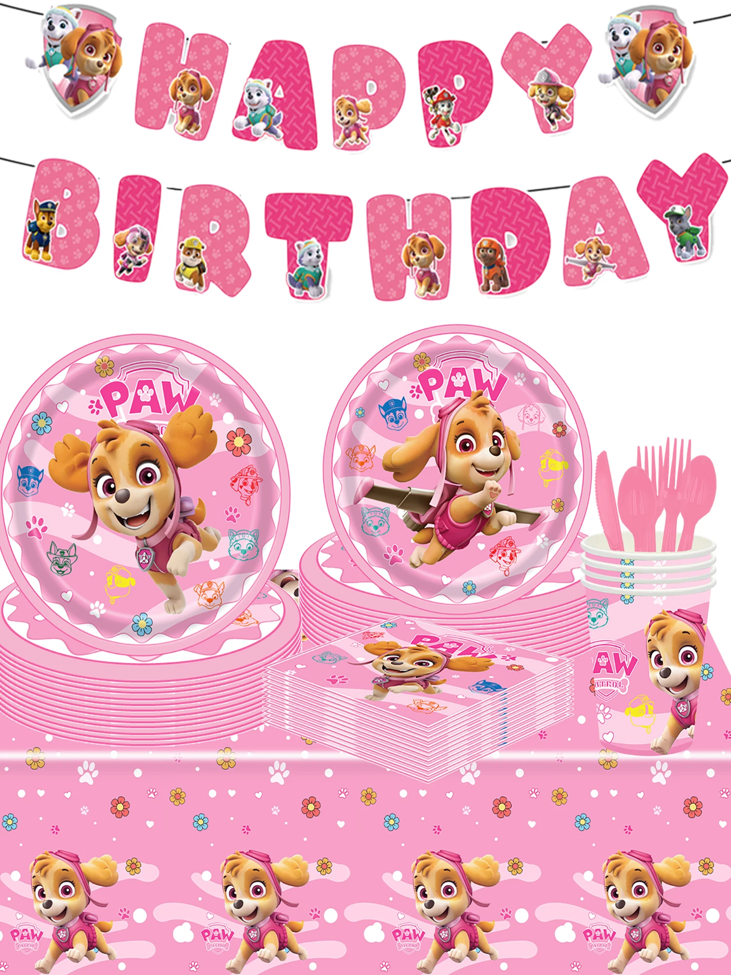 Pink Skye Paw Patrol Birthday Party For Girls Pink Cups Napkins Plates Decorations Balloon Disposable Tableware Canine Supplies