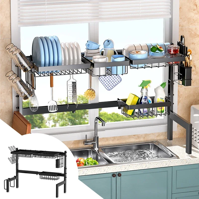 

Kitchen Storage Shelf Above The Sink Stretchable Bowl Draining Rack Multifunctional Dish Knife Spoon Sink Dish Drying Rack