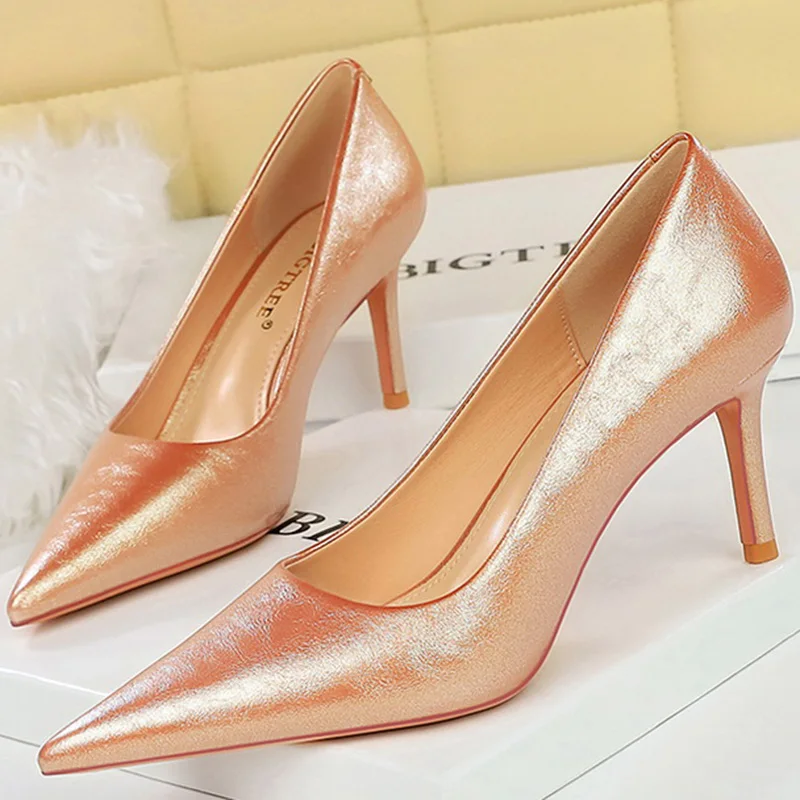 Western Style Retro Fashion Women Shoes 7cm Thin High Heels Shallow Pointed Toe Pumps Spring Autumn New Ladies Pumps Gold Silver