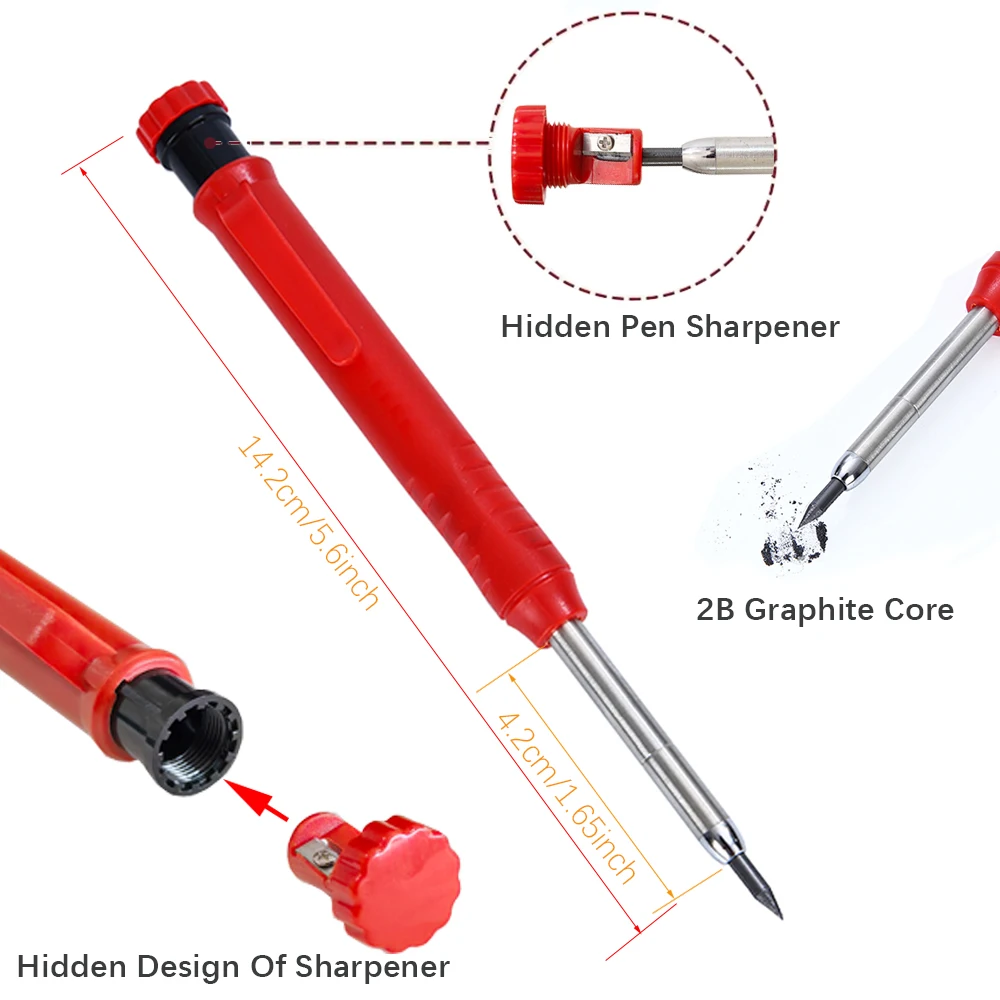 Solid Carpenter Pencil Refill Set Long Nosed Deep Hole Mechanical Pencil Marker Built-in Sharpener for Carpenter Woodworking