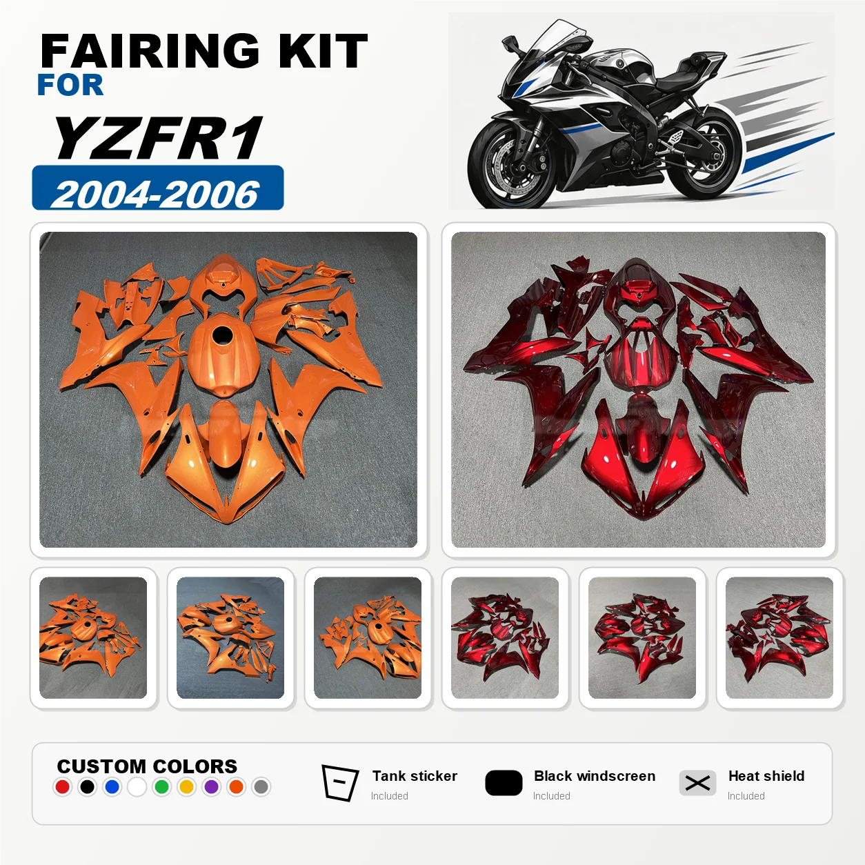 Injection Molded Fairings 2004 2005 2006 YZFR1 Motorcycle Customized Body Parts Fairing Kit for YAMAHA 04 05 06 YZF R1