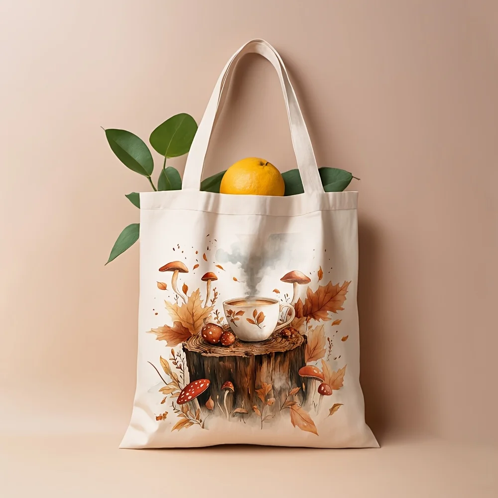 1pc Tote Bag Suitable for Daily Commute & Fall Outfits - Double-Sided Mushroom Maple Leaf Print, Woodland Bag with Coffee Leaf,