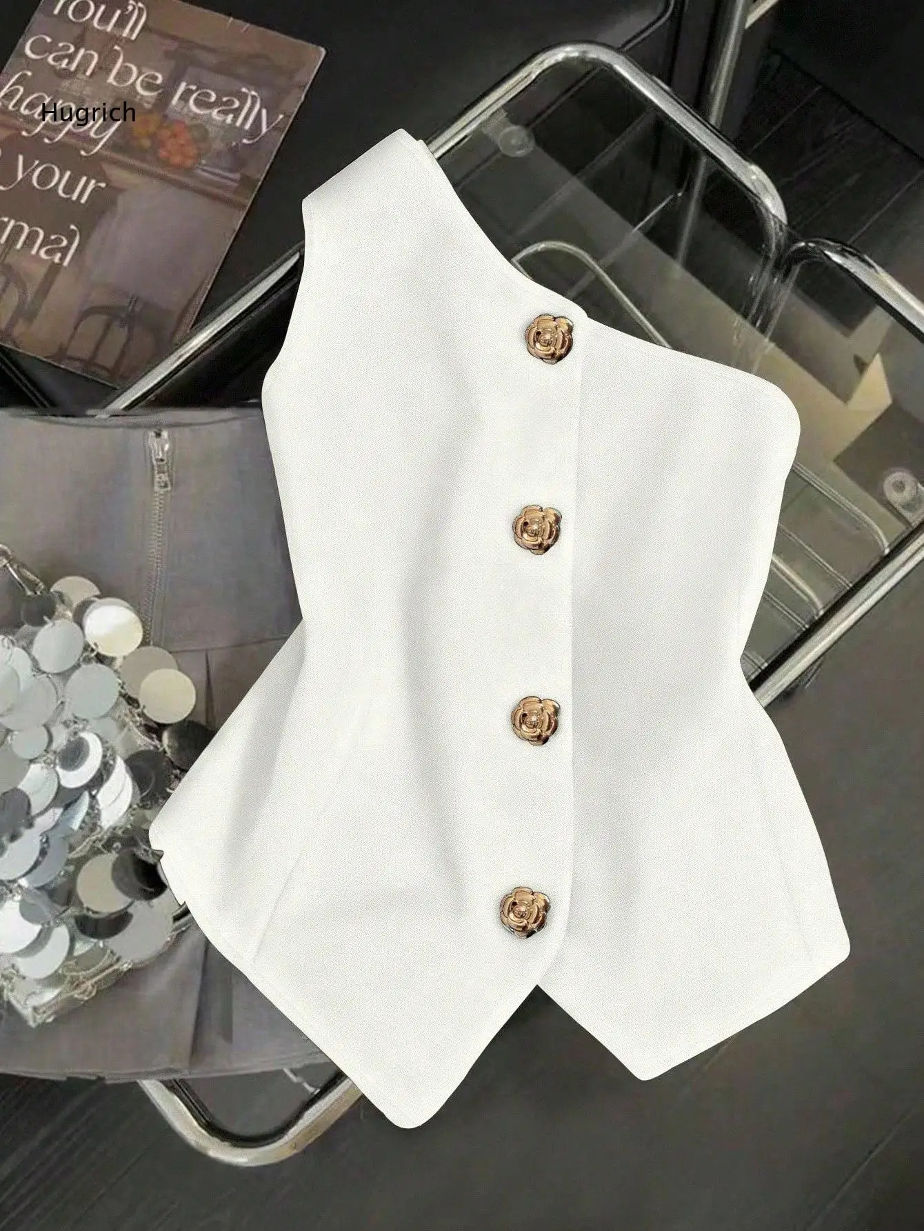 Women Sleeveless V Neck Vest Top Decorative Metal Button Front Fitted Waistcoat Solid Color Casual Layer Outfit For Office