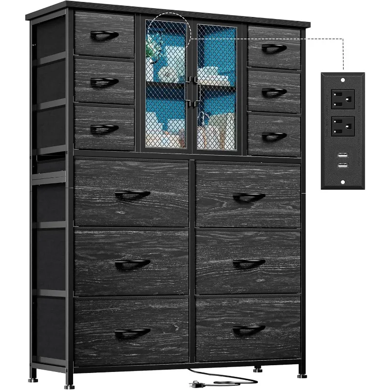 

Высокий комод для спальни с зарядной станцией, светодиодной подсветкой и сетчатой дверью, 12-тканевые комоды и комоды с ящиками, деревянные