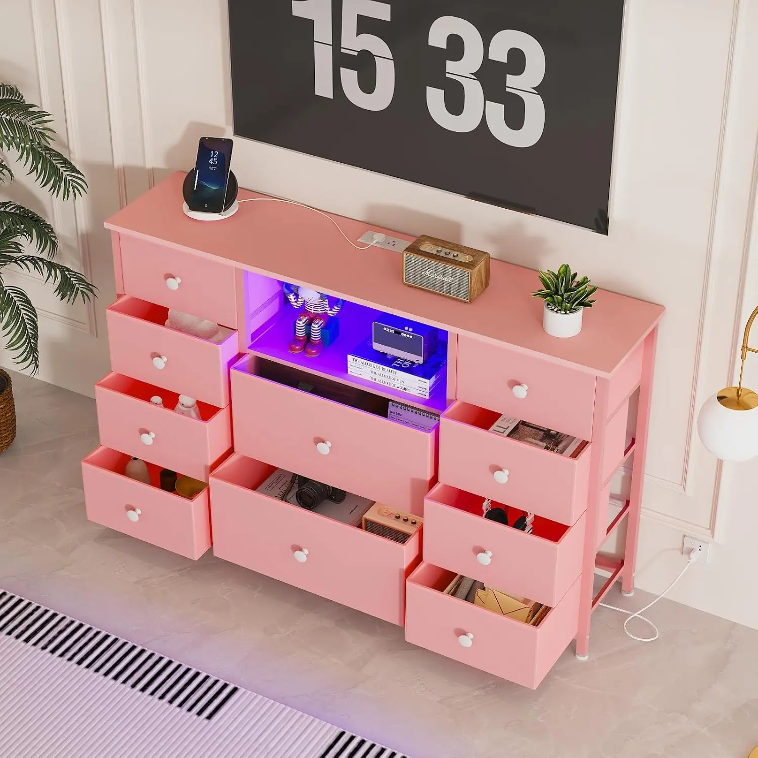 Commode rose avec station de charge et lumières LED, longue commode pour chambre à coucher de filles, meuble TV avec 10 portes de proximité, robes larges en tissu