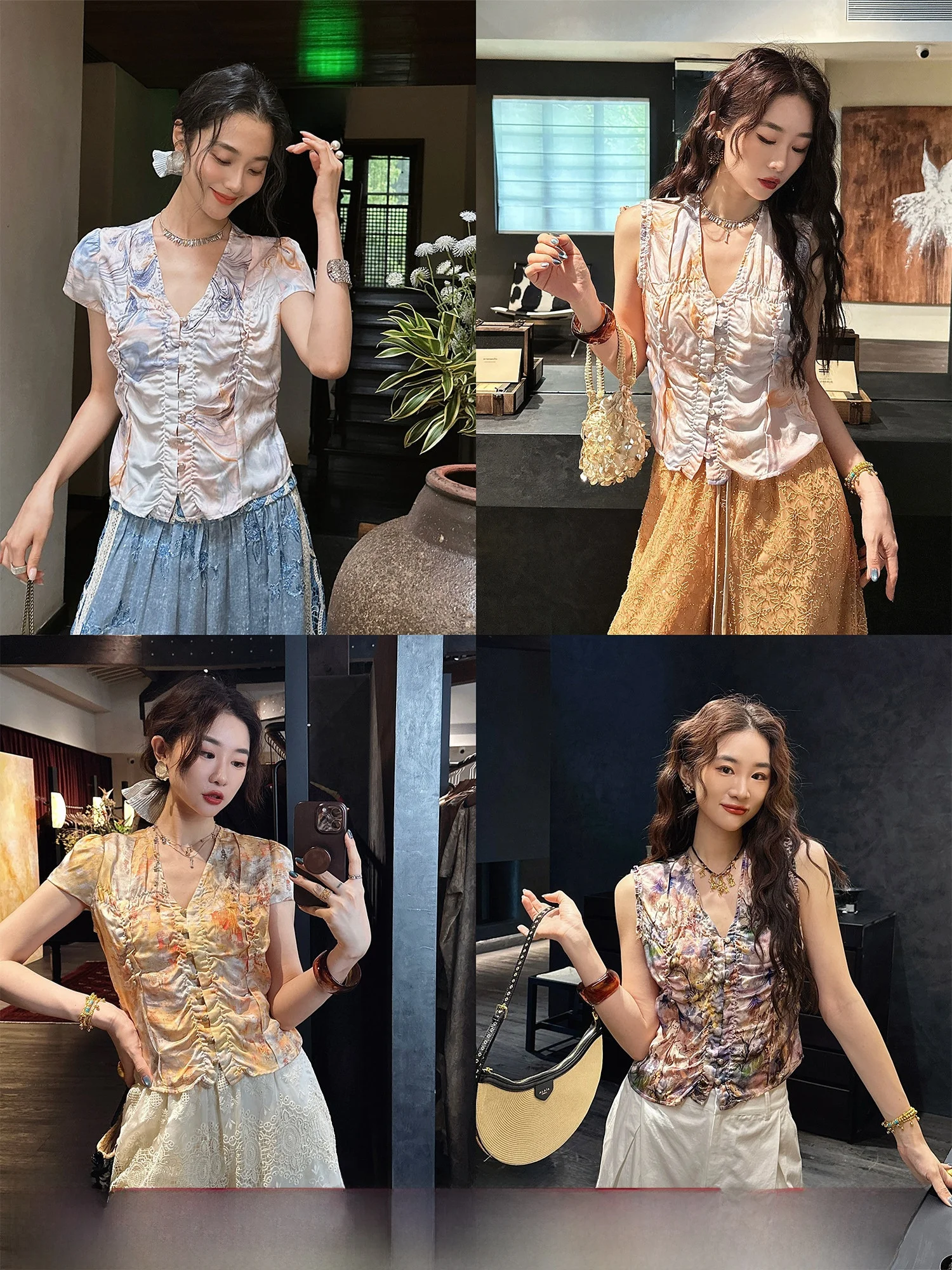 

Sanji Bla Flower New Chinese Sle Silk irt ort Sve Thin High-End Sensation Ele Commute Sle Loose Fit