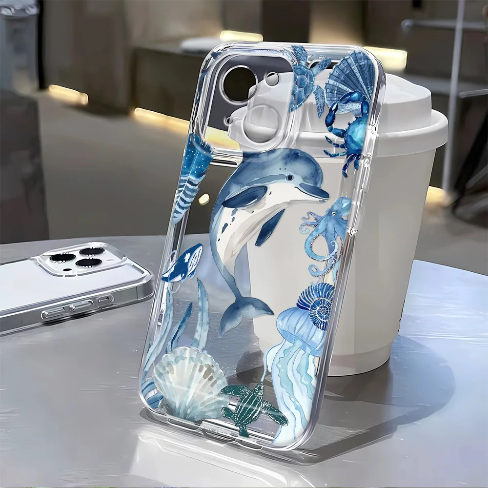 

Blue Marine Animals Dolphin Cases For iPhone 16E 16 15 14 13 12 11 Pro Max 7 8 Plus XR XS MAX Mini Fashion Shockproof Back Cover