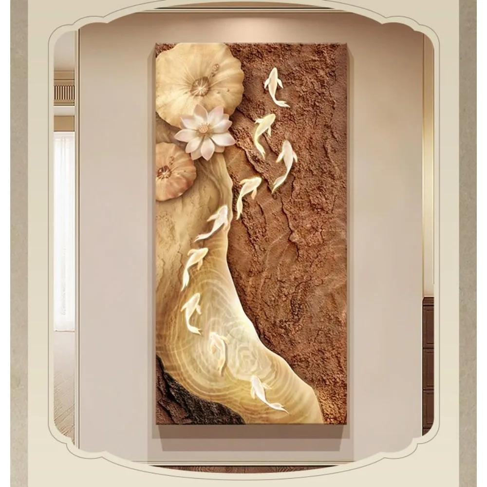 Contemporary Wabi-Sabi Style Wall Picture Embossed Texture Golden Flower Art, Elegant Vertical Canvas for Sofa Background