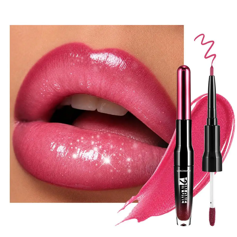 Long Lasting Moisturizing Lip Gloss Makeup Dual End Wine Bottle Matte Lip Liner Mirror Glossy Lip Contour Portable Versatile