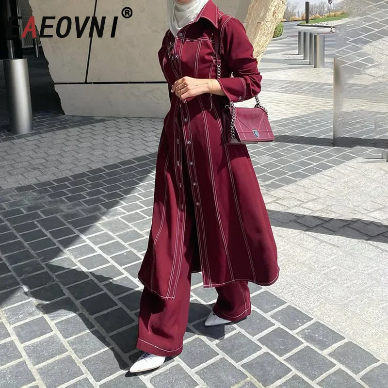 

EAEOVNI Fashion Red Long Coat For Women Line Design Button Belt Gathered Waist Windbreaker Office Lady 2025 New Clothing 1A1060